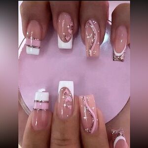 Pink Rose Gold Hearts Long Coffin 24 Piece Press On Nails 💅🌟